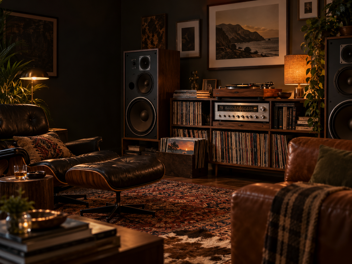 A warm listening room with a turntable, receiver and record collection