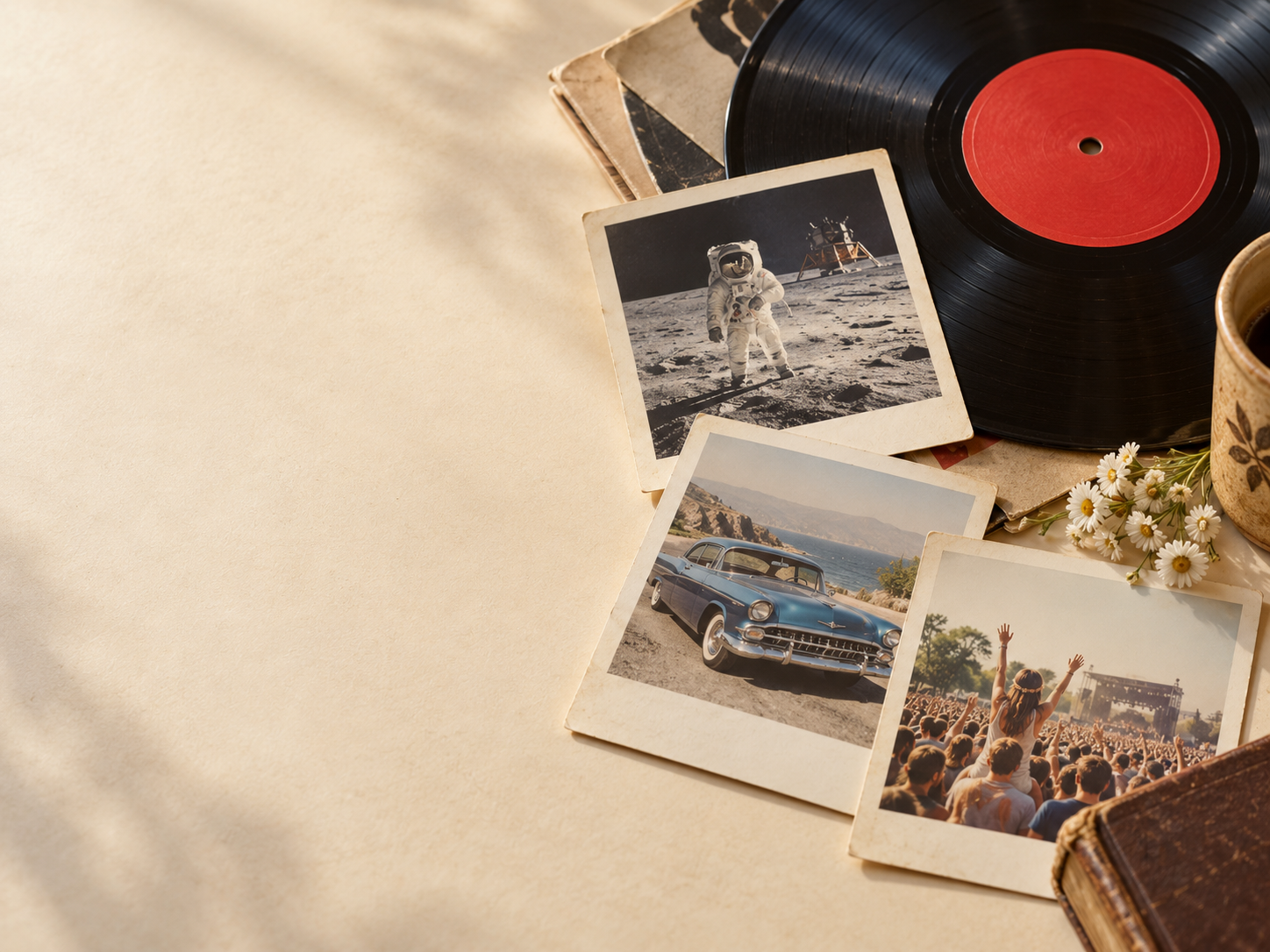 A vinyl record and vintage photographs from memorable moments